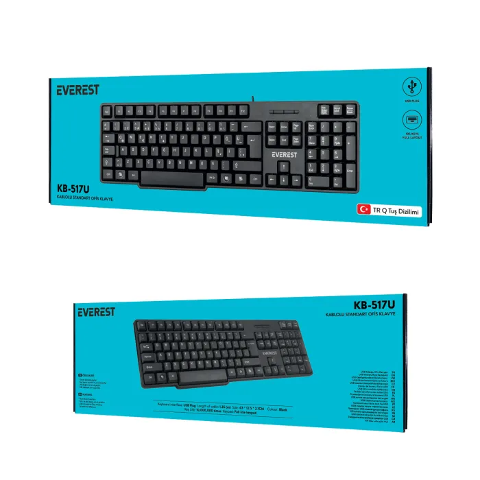 Q EVEREST KB-517U USB 2MT BAKIR KABLOLU STANDART SIYAH KLAVYE